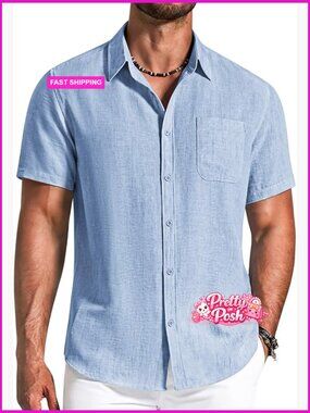 Men's Button Down Shirt Short Sleeve Casual Summer Beach Textured Fabric
